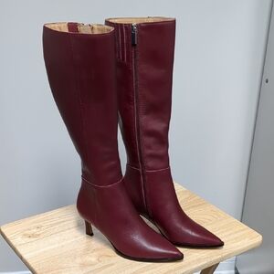 Women's Burgundy Leather Mid-Heel Knee Boots